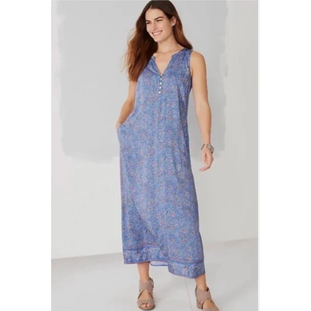 $129 J.Jill Border Print Maxi Tank Dress Clear Blue Gentle Paisley Large Lounge